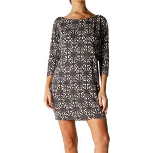 Juicy Couture Shift Dress Womens Large Pink Black Medallion 3/4 Sleeve Stretch